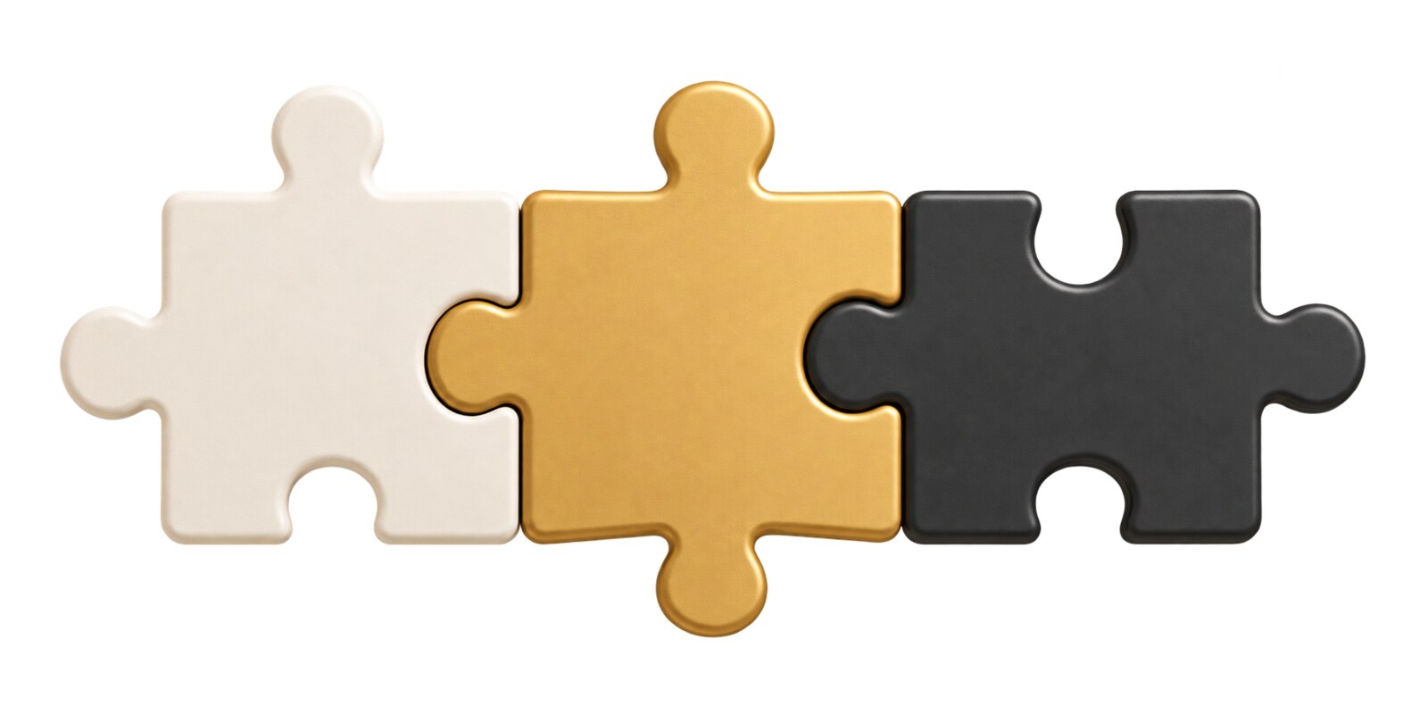 Tres piezas de puzzle encajadas: crema, dorada y negra