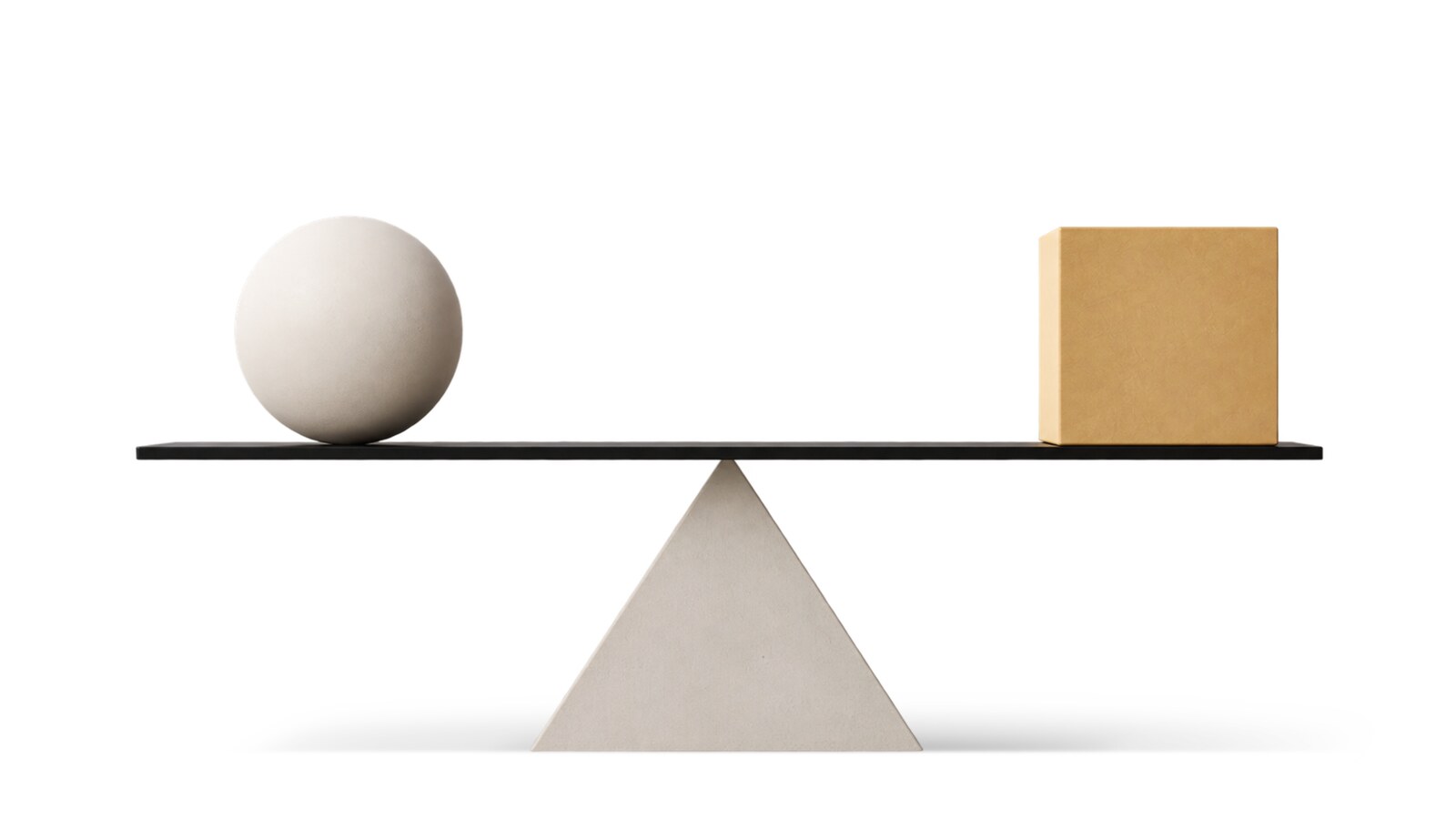 Una esfera blanca y un cubo dorado en equilibrio sobre un balancín